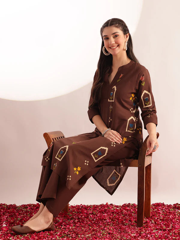 Brown Geometric Print Straight Cotton Kurta with Palazzo Set