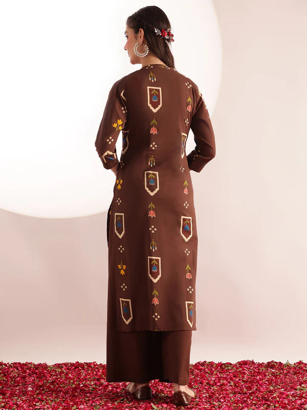 Brown Geometric Print Straight Cotton Kurta with Palazzo Set