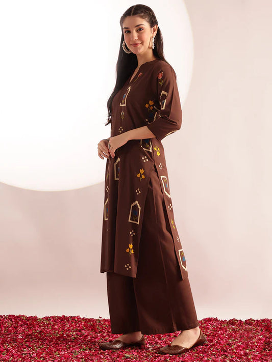 Brown Geometric Print Straight Cotton Kurta with Palazzo Set