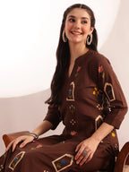 Brown Geometric Print Straight Cotton Kurta with Palazzo Set