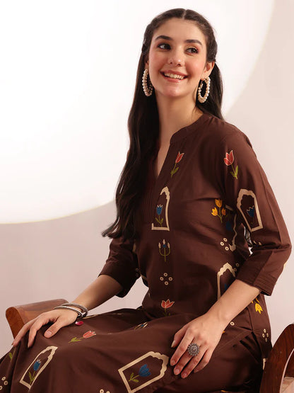 Brown Geometric Print Straight Cotton Kurta with Palazzo Set