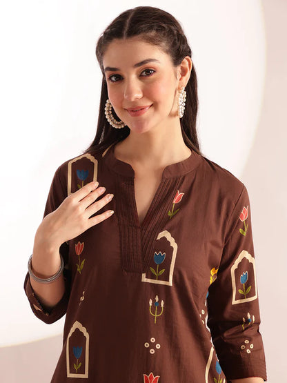 Brown Geometric Print Straight Cotton Kurta with Palazzo Set