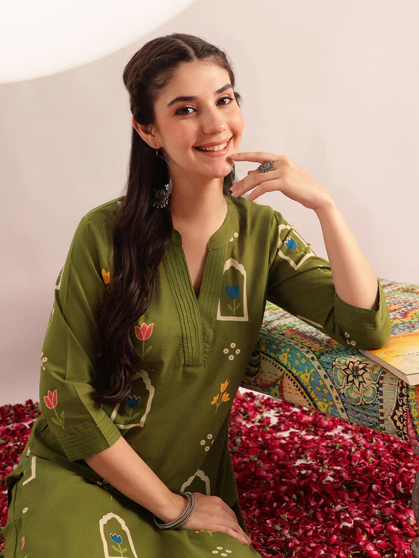Mehendi Green Geometric Print Straight Cotton Kurta with Palazzo Set