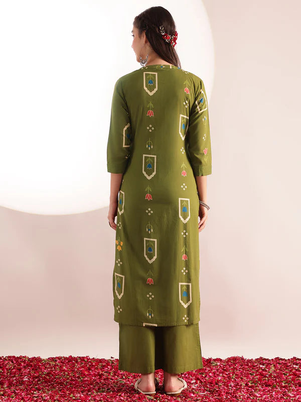 Mehendi Green Geometric Print Straight Cotton Kurta with Palazzo Set