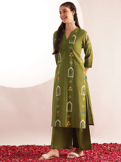 Mehendi Green Geometric Print Straight Cotton Kurta with Palazzo Set