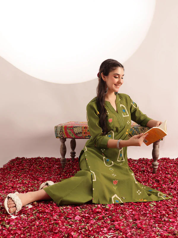 Mehendi Green Geometric Print Straight Cotton Kurta with Palazzo Set