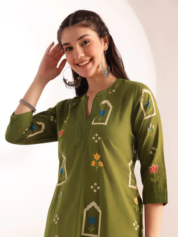 Mehendi Green Geometric Print Straight Cotton Kurta with Palazzo Set