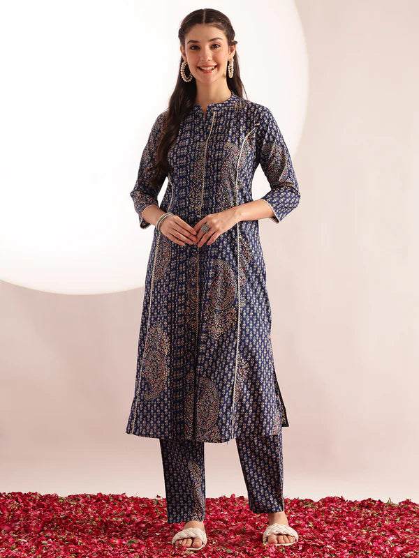 Blue Floral Print Fit & Flare Cotton Kurta Set with Pants
