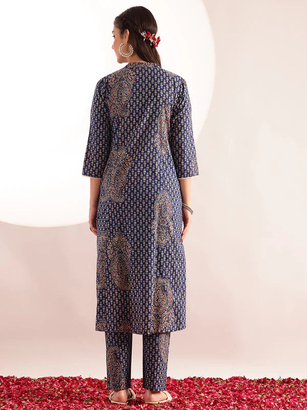 Blue Floral Print Fit & Flare Cotton Kurta Set with Pants