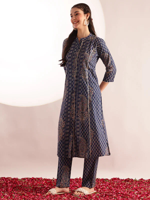 Blue Floral Print Fit & Flare Cotton Kurta Set with Pants