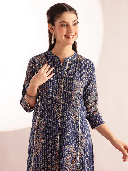 Blue Floral Print Fit & Flare Cotton Kurta Set with Pants