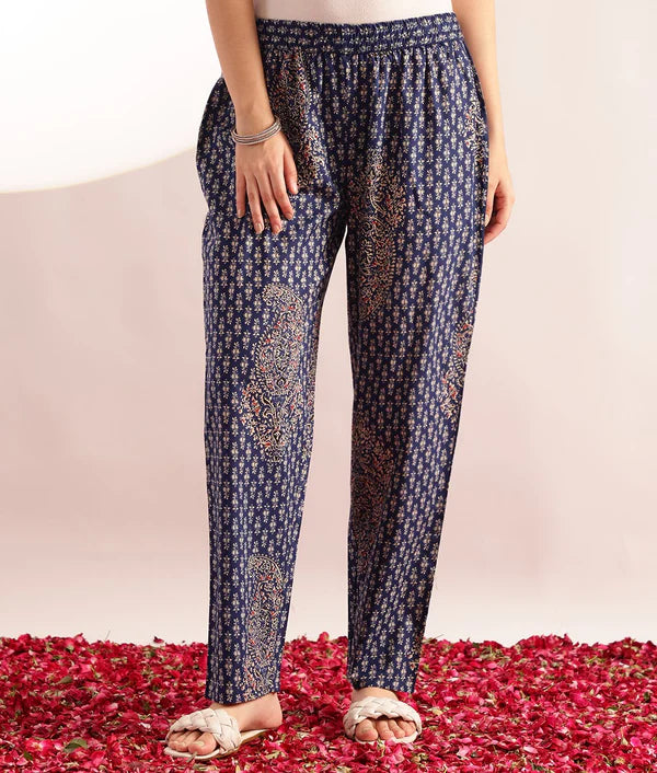 Blue Floral Print Fit & Flare Cotton Kurta Set with Pants