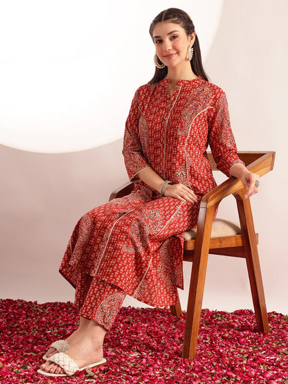 Maroon Floral Print Fit & Flare Cotton Stitched Kurta With Pant