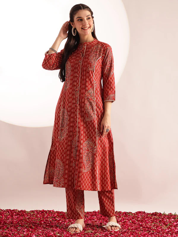 Maroon Floral Print Fit & Flare Cotton Stitched Kurta With Pant