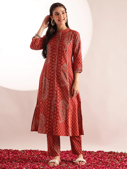 Maroon Floral Print Fit & Flare Cotton Stitched Kurta With Pant