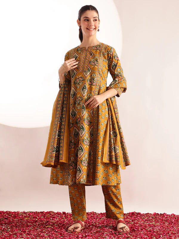 Mustard Floral Print Fit & Flare Cotton Kurta, Pant With Dupatta