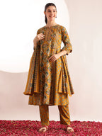 Mustard Floral Print Fit & Flare Cotton Kurta, Pant With Dupatta