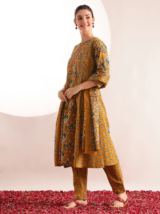 Mustard Floral Print Fit & Flare Cotton Kurta, Pant With Dupatta