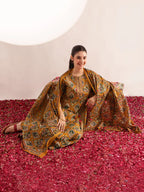 Mustard Floral Print Fit & Flare Cotton Kurta, Pant With Dupatta