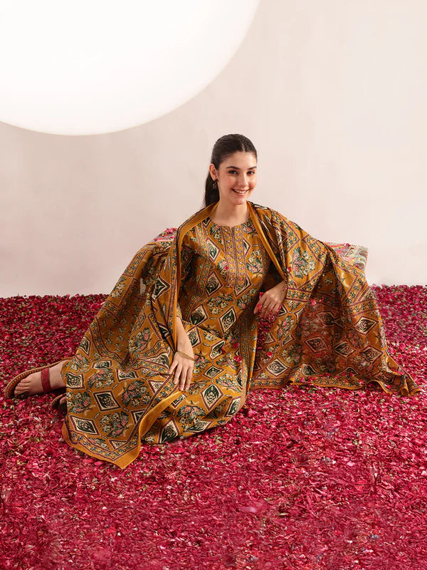 Mustard Floral Print Fit & Flare Cotton Kurta, Pant With Dupatta