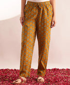 Mustard Floral Print Fit & Flare Cotton Kurta, Pant With Dupatta
