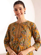 Mustard Floral Print Fit & Flare Cotton Kurta, Pant With Dupatta