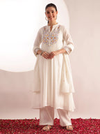 White Embroidered , Solid Fit & Flare Mul Chanderi Stitched Kurta, Palazzo With Dupatta