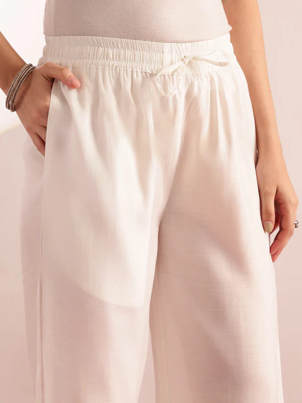 White Embroidered , Solid Fit & Flare Mul Chanderi Stitched Kurta, Palazzo With Dupatta