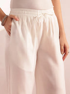 White Embroidered , Solid Fit & Flare Mul Chanderi Stitched Kurta, Palazzo With Dupatta