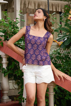 Violet Floral Print Fit & Flare Cotton Stitched Crop Top