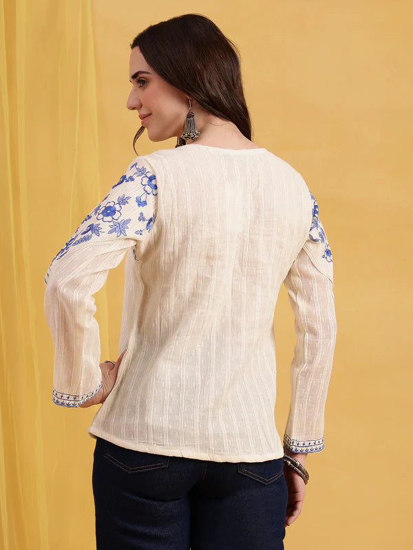 Off-White Blue Embroidered Straight Top Women Back View India — Shuchi Shop