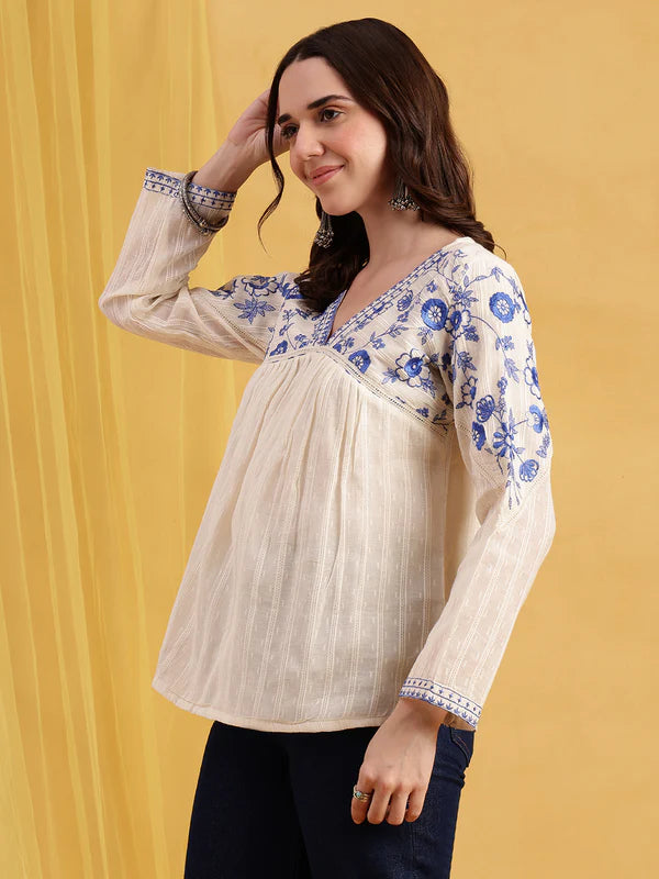 Women's Blue Floral Embroidered Cotton Top India — Shuchi Shop