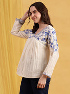 Women's Blue Floral Embroidered Cotton Top India — Shuchi Shop