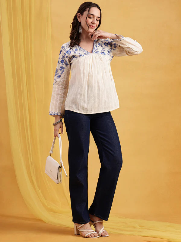 Off-White & Blue Floral Embroidered Straight Cotton Jacquard Stitched Top
