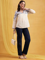 Off-White & Blue Floral Embroidered Straight Cotton Jacquard Stitched Top