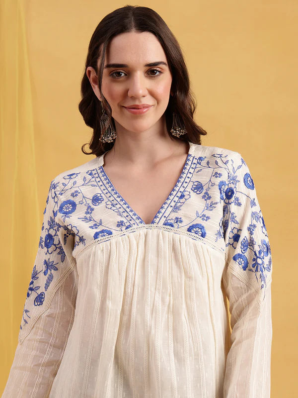 Off-White & Blue Floral Embroidered Straight Cotton Jacquard Stitched Top
