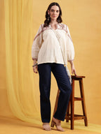 Off-White Floral Embroidered Straight Cotton Jacquard Stitched Top