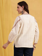 Off-White Floral Embroidered Straight Cotton Jacquard Stitched Top