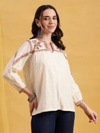 Off-White Floral Embroidered Straight Cotton Jacquard Stitched Top