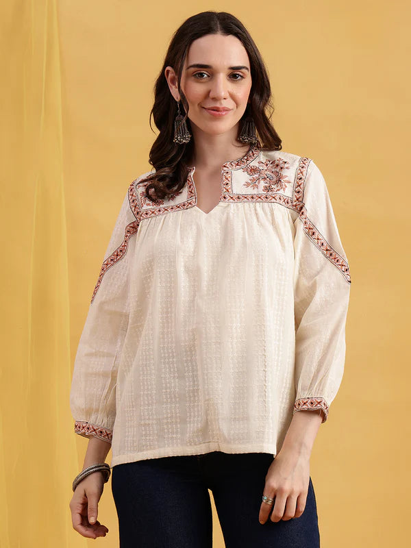 Off-White Floral Embroidered Straight Cotton Jacquard Stitched Top