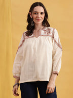 Off-White Floral Embroidered Straight Cotton Jacquard Stitched Top