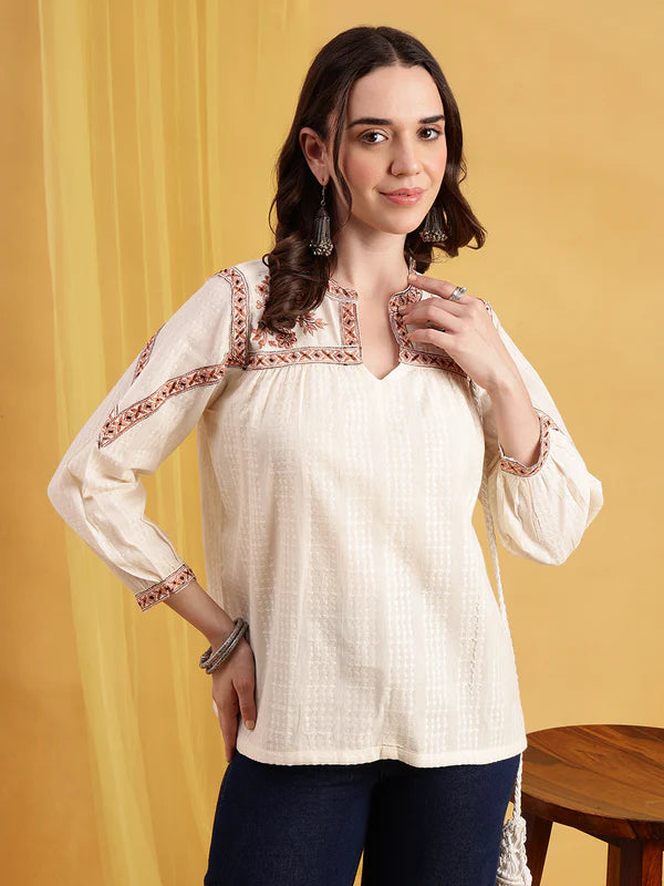 Off-White Floral Embroidered Straight Cotton Jacquard Stitched Top