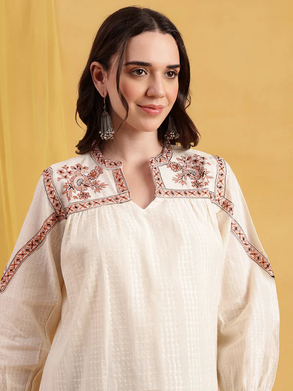Off-White Floral Embroidered Straight Cotton Jacquard Stitched Top