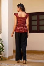 Teal Geometric Print Fit & Flare Cotton Stitched Top