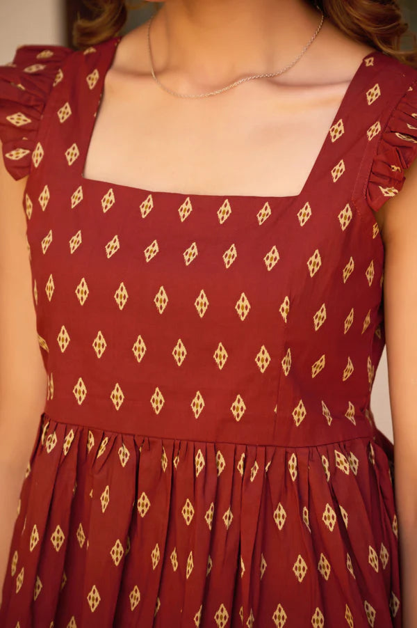 Teal Geometric Print Fit & Flare Cotton Stitched Top