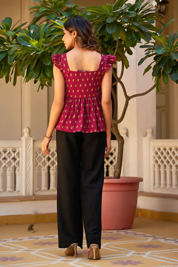 Teal Geometric Print Fit & Flare Cotton Stitched Top