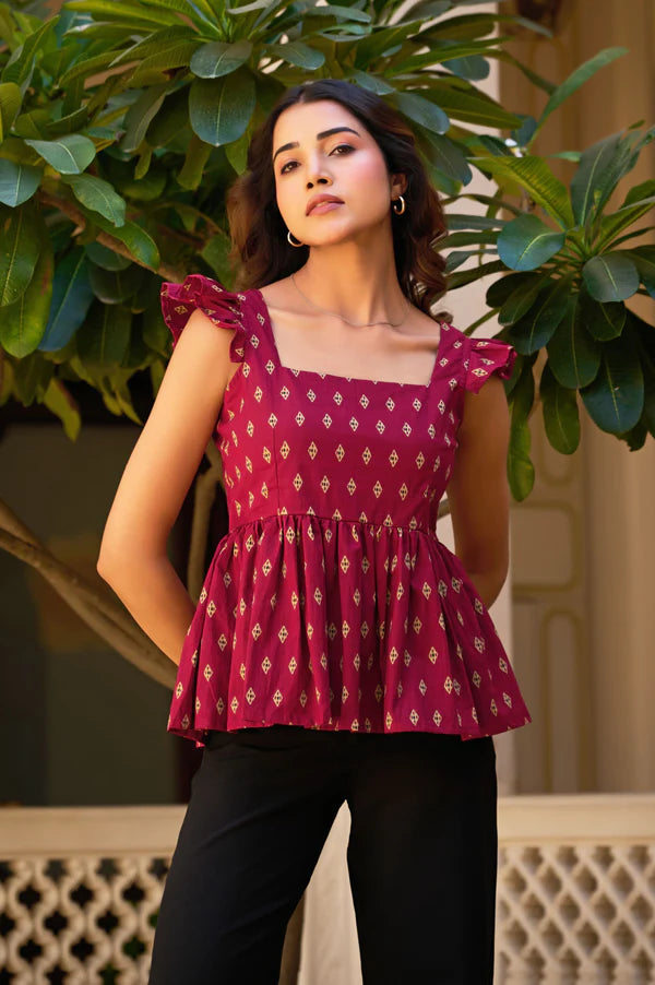 Teal Geometric Print Fit & Flare Cotton Stitched Top
