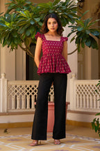 Teal Geometric Print Fit & Flare Cotton Stitched Top