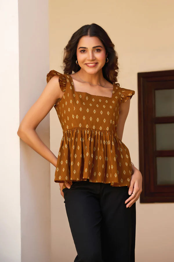 Teal Geometric Print Fit & Flare Cotton Stitched Top