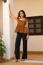 Teal Geometric Print Fit & Flare Cotton Stitched Top